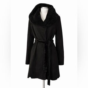 Authentic Shearling Black Hooded Wrap Coat Jacket